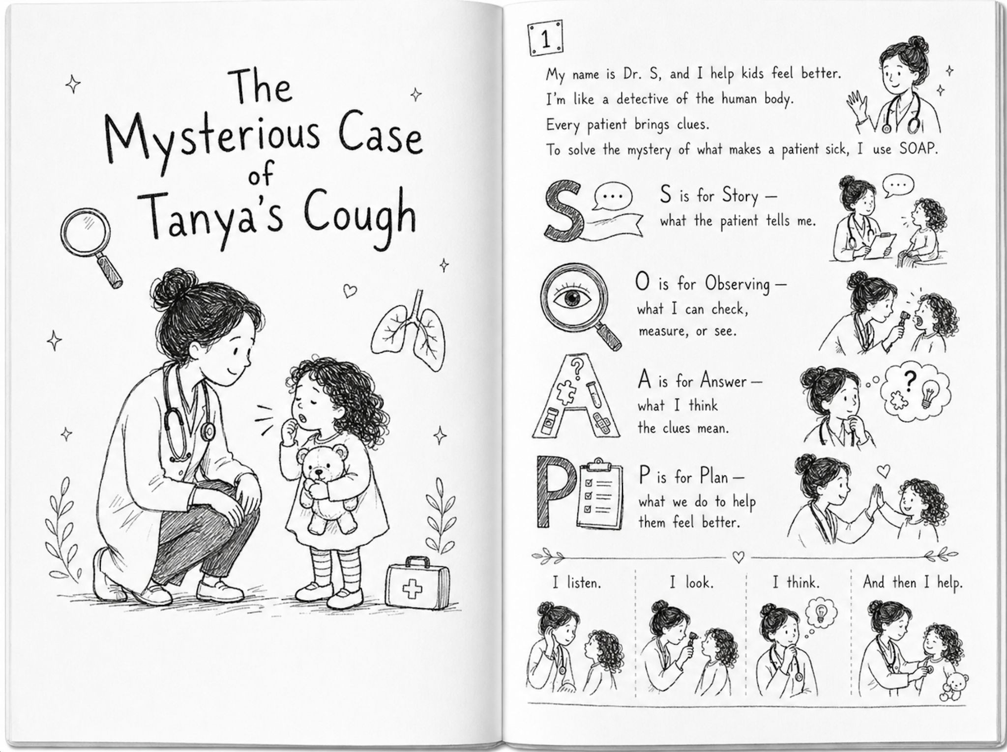 Illustrated spread from The Mysterious Case of Tanya’s Cough, introducing Dr. S and the SOAP framework
